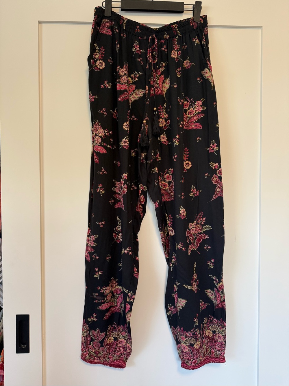Angie Black Floral Drawstring Harem Pants with Pink Accents size L